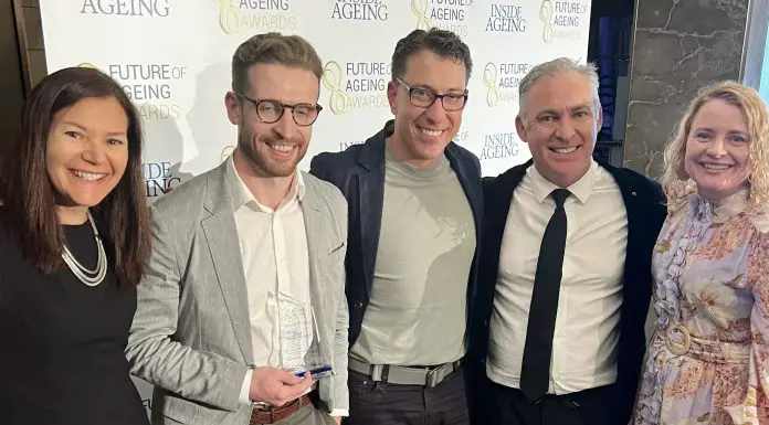 (l-r) The Mirus Australia team with 2023 award winner Marleen Galligan from Care Friends. Future of Ageing Awards presentation, Sydney, August 2024.